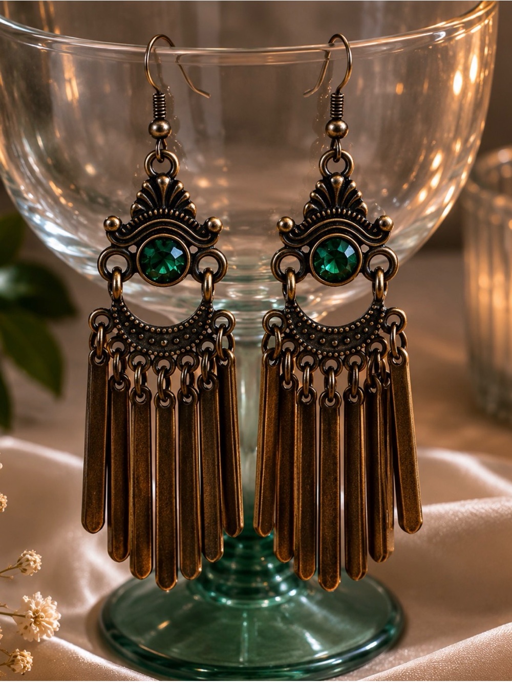 Vintage-Inspired Green Stone Tassel Earrings - Women Jewelry